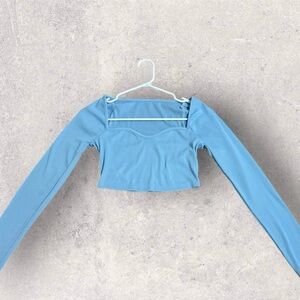 Women’s Sweetheart Collared Sky Blue Long Sleeve Crop Top